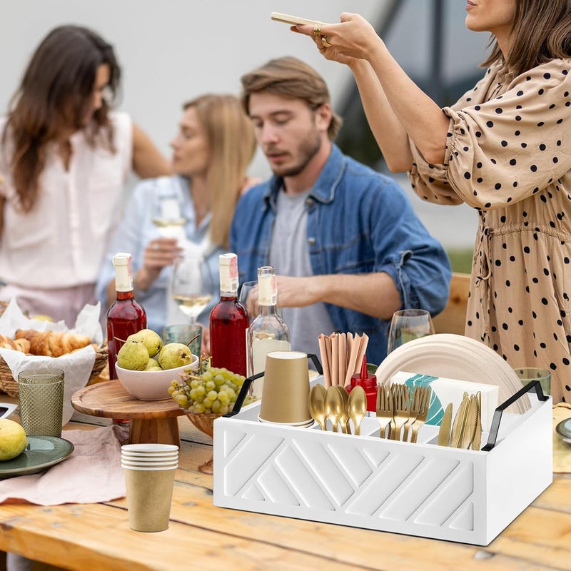 Ukonvi Paper Plate Dispenser and Holder for Kitchen Counter, Wood Rustic Silverware Utensil Caddy, Cutlery Flatware Organizer Box for Cups Spoons Forks Napkins, Kitchen Accessories (White) - Image 5